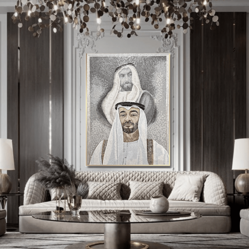فسيفساء من حجر اليشم الجليدي مصنوعة يدويًا بإطار ذهبي لسمو الشيخ محمد بن زايد وسمو الشيخ زايد آل نهيان 120 × 160 سم Qp104